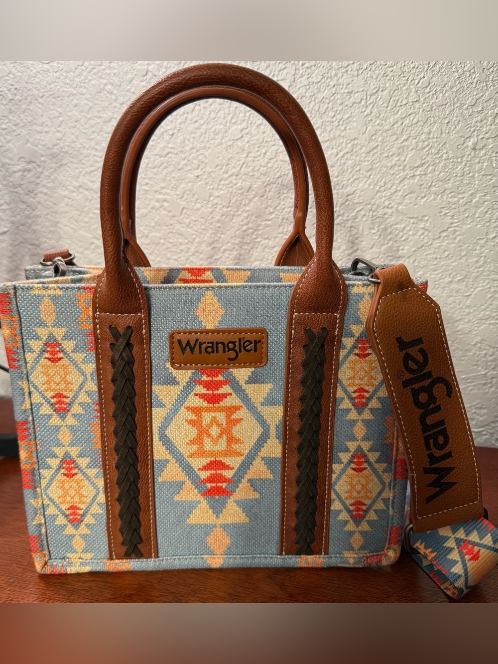 Wrangler Southwestern Aztec Tote Bag Blue Brown Western Boho Shoulder Strap